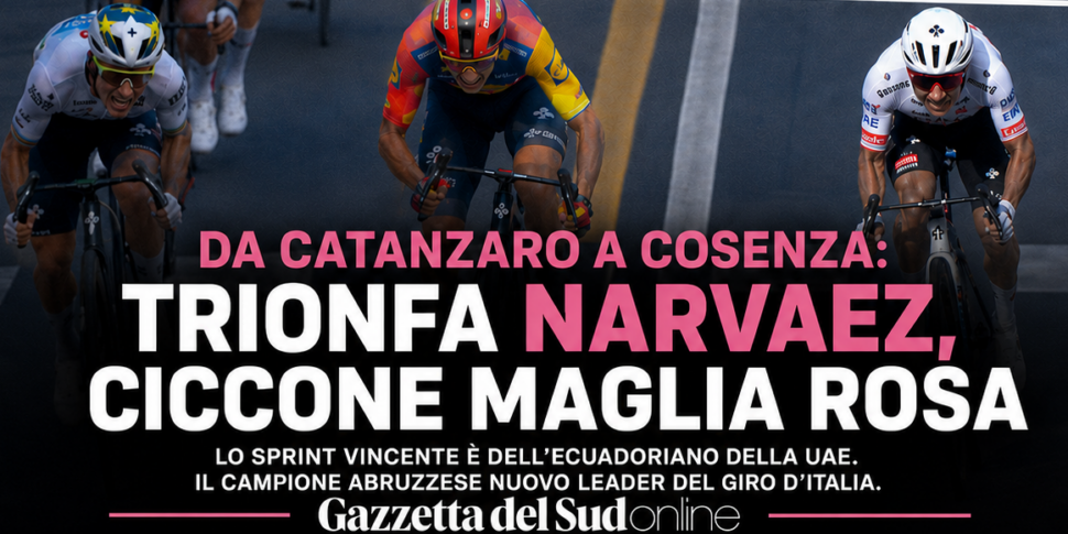 O Giro Cosenza se curva aos pés do colombiano Narvaez, Ciccone (terceiro) leva a camisa rosa na cidade de bruzi